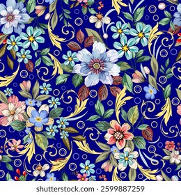 Sweet flowers, blue, pink mixed with beautiful Louis pattern, gold, luxury, vintage style, seamless hand drawn on blue background, designed for fabric, fashion, textile, wallpaper, gift wrapping.