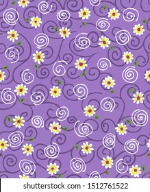 sweet flowers and ornament on lilac background in seamless pattern