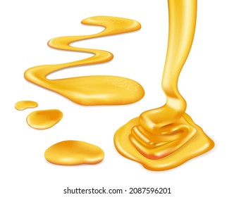 Sweet flowing dripping honey on white background, realistic vector illustration