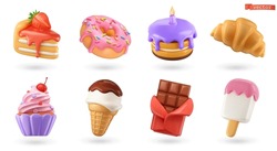 Sweet Food 3d Realistic Render Vector Icon Set. Cake, Donut, Croissant, Cupcake, Ice Cream, Chocolate