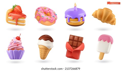 Dulce comida 3d juego de iconos vectoriales de representación realista. Pastel, donut, cruasán, bizcocho, helado, chocolate