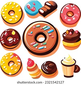 Sweet food 3d realistic render vector icon set. Cake, donut, croissant, cupcake, ice cream, chocolate