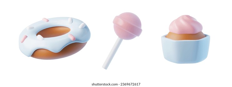 Dulce comida 3d iconos de representación realistas, incluidos pastel, donut y lollipop, ilustración vectorial realista aislada en fondo blanco. Iconos o símbolos de postres dulces.