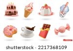 Sweet food. 3d vector icon set. Cake, ice cream, panna cotta, bubble tea, donut, cup of coffee, chocolate, candy
