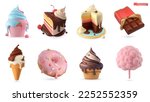 Sweet food 3d vector icon set. Cupcake, cake, chocolate bar, ice cream, donut, cotton candy