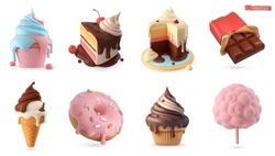 Sweet Food 3d Vector Icon Set. Cupcake, Cake, Chocolate Bar, Ice Cream, Donut, Cotton Candy