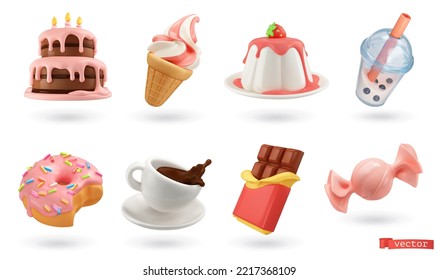 Buena comida. Juego de iconos de vector 3d. Pastel, helado, panna cotta, té de burbujas, donut, taza de café, chocolate, dulces