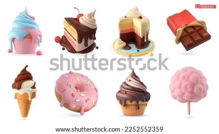 Sweet food 3d vector icon set. Cupcake, cake, chocolate bar, ice cream, donut, cotton candy