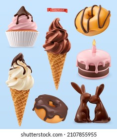 Sweet food 3d vector realistic render. Vanilla and chocolate ice cream, cupcake, cake, donut, chocolate rabbits