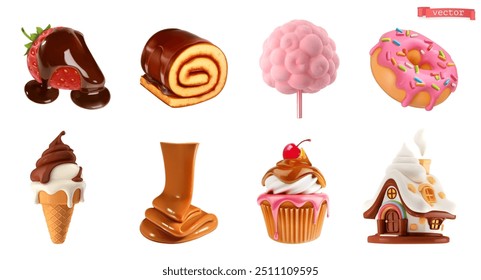 Sweet food. 3d vector realistic icon set. Strawberry and chocolate, sweet roll, cotton candy, donut, ice cream, caramel, cupcake, gingerbread house