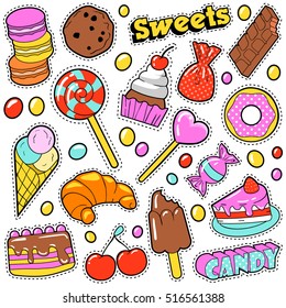 Sweet Food Badges Set with Patches, Stickers, Candies, Cakes, Ice Cream in Pop Art Comic Style. Vector illustration