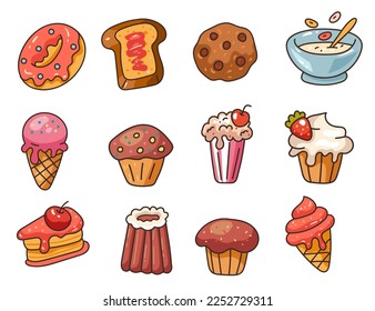 Sweet food bakery dessert cookie cupcake line art doodle cute isolated set. Vector cartoon graphic design element illustration