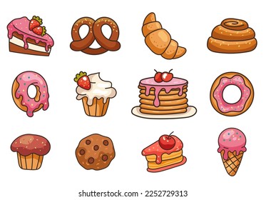 Sweet food bakery dessert cookie cupcake line art doodle cute isolated set. Vector cartoon graphic design element illustration
