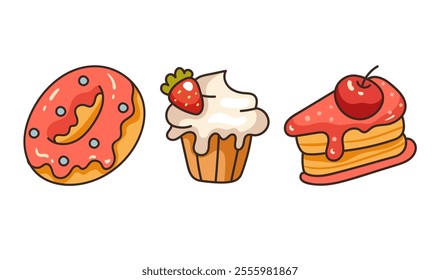 Sweet food bakery dessert cookie cupcake line art doodle cute isolated set. Vector cartoon graphic design element illustration