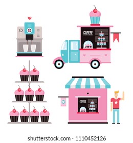 Sweet Food business design elements Icons collection coffee machine Cupcakes Muffins car Truck Small café façade building set Vector illustration