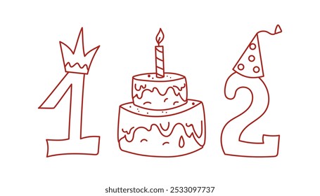 Sweet food, cake, candles, cap, crown, numbers. Number 1, number 2. Set of cute linear icons, cartoon birthday attributes. Kids party, magic doodles, drawings. Vector illustration, sketch.