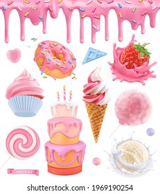 Sweet food. Cake, cupcake, cotton candy, ice cream, strawberry yogurt, donut. Pink glaze seamless pattern. 3d realistic vector set