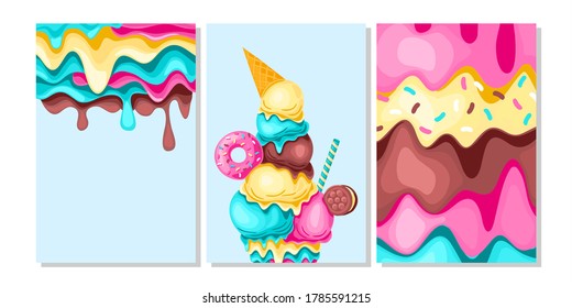 Sweet food card. Lemon, mint and chocolate  ice cream, biscuits, donut, syrup and sprinkles. Vector illustration, background, card, poster.