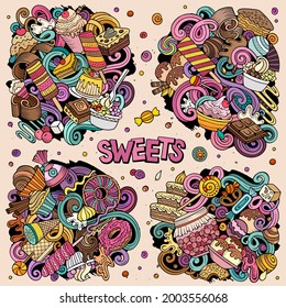 Sweet food cartoon vector doodle designs set. Colorful detailed compositions with lot of desserts objects and symbols. All items are separate