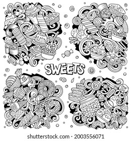 Sweet food cartoon vector doodle designs set. Sketchy detailed compositions with lot of desserts objects and symbols. All items are separate