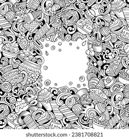 Sweet food cartoon vector doodles frame. Desserts border design. Confection elements and objects background. Sketchy funny picture. All items are separated. NOT AI