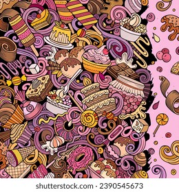 Sweet food cartoon vector doodles frame. Desserts border design. Confection elements and objects background. Bright colors funny picture. All items are separated