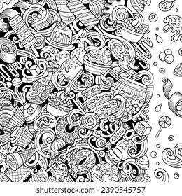 Sweet food cartoon vector doodles frame. Desserts border design. Confection elements and objects background. Sketchy funny picture. All items are separated