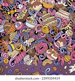 Sweet food cartoon vector doodles frame. Desserts border design. Confection elements and objects background. Bright colors funny picture. All items are separated
