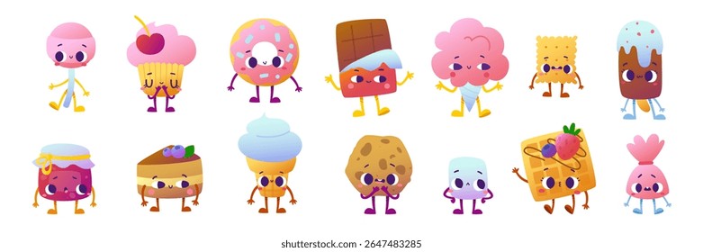 Sweet food characters bundle. Cartoon dessert mascots set. Cute alive sweets collection.