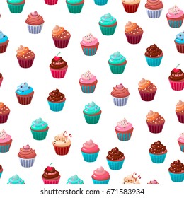 Sweet food chocolate cake set seamless pattern. Creamy cupcake isolated on white. Bakery cupcake with cherry. Vector illustration four candy concept