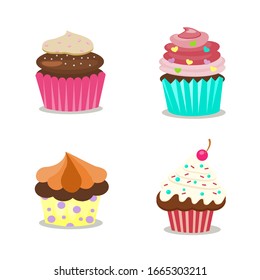 Sweet food chocolate creamy cupcake set isolated vector illustration