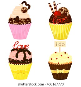 Sweet food chocolate creamy cupcake isolated set vector illustration love i do and muffins
