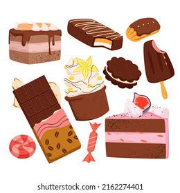 Sweet food with chocolate flavor set vector illustration. Cartoon pieces of biscuit and cake with pink or cocoa mousse cream, dark chocolate bars, candy in wrapper and cupcake isolated on white
