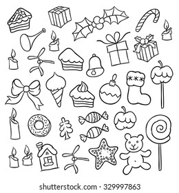 Sweet food and Christmas symbols vector line art icons set 