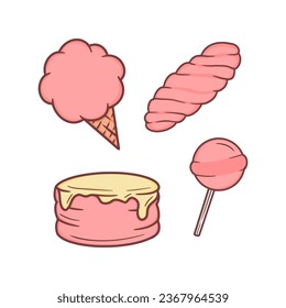 Sweet Food Collection Set of Cotton Candy, Twist Candy, Pudding and Lollipop