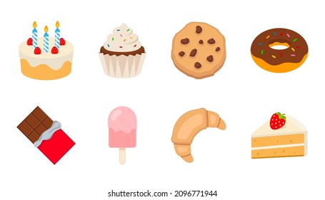 Sweet Food Color Icon Set. Vector Sweet Bakery Emoji Illustration Collection