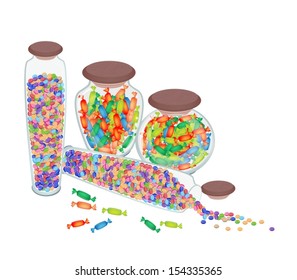 Sweet Food, Colorful Chocolate Candies and Hard Candies in Four Tall Glass Jar Isolated on White Background 