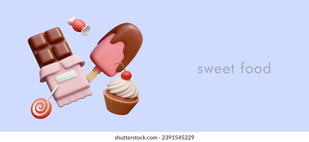 Sweet food concept. Advertising template on purple background. Ice cream, candies, cupcake. Creative composition in cartoon style. Time to enjoy something sweet