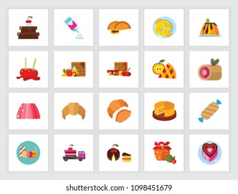 Sweet food concept. Flat icon set. Dessert, confectionary, bakery. Can be used for topics like gastronomy, food, unhealthy eating