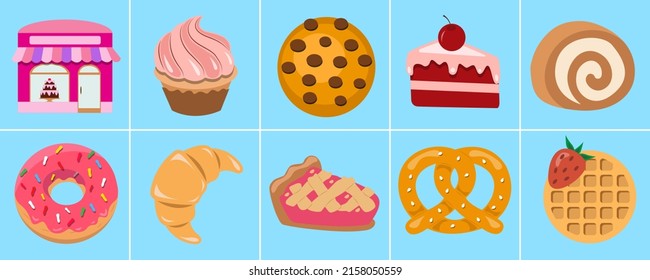 Sweet food and confectionery shop. Various sweets set. Sweet pastries, cake, pie, sweets, desserts. A collection of delicious, high-calorie food. Candy shop vector illustration. Sweet food icons. 