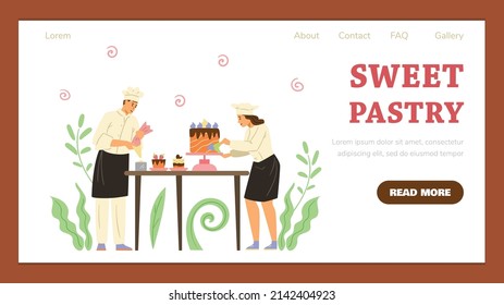 Sweet food and confectionery website banner mockup with confectioners making cakes, flat vector illustration. Dessert production promotion web banner design.