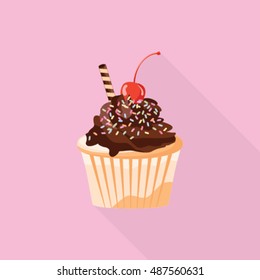Sweet food creamy cupcake flat icon with long shadow