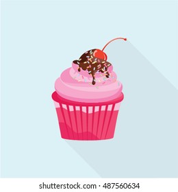 Sweet food creamy cupcake flat icon with long shadow