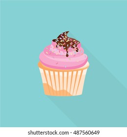 Sweet food creamy cupcake flat icon with long shadow