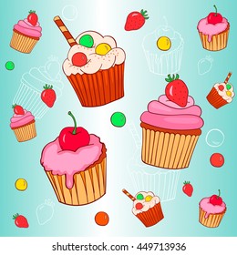 Sweet food creamy cupcake set isolated vector illustration