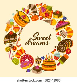 Sweet food cute background. Vector illustration.