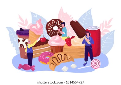 Sweet food, delicious sweets and fresh pastry vector illustration. Chocolate cake, croissant, ice cream, cookies and donuts, sweetmeat. Dessert and bakery collection for cafe shop banner. Sweetness.
