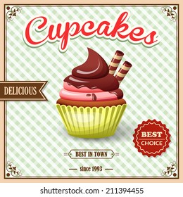Sweet food dessert cupcake on cafe retro poster with squared background vector illustration.