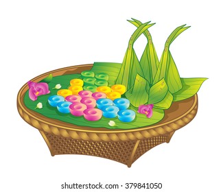 Sweet Food and Dessert Food, Freshly Homemade of Colorful Thai Layer Sweet Cakes or Sweetmeat Pudding with Jasmine Flower