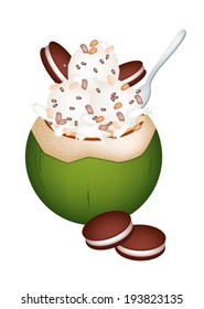 Sweet Food and Dessert, An Illustration of Coconut Ice Cream in Coconut Shell and Topped with Roasted Peanuts and Chocolate Cookies. 